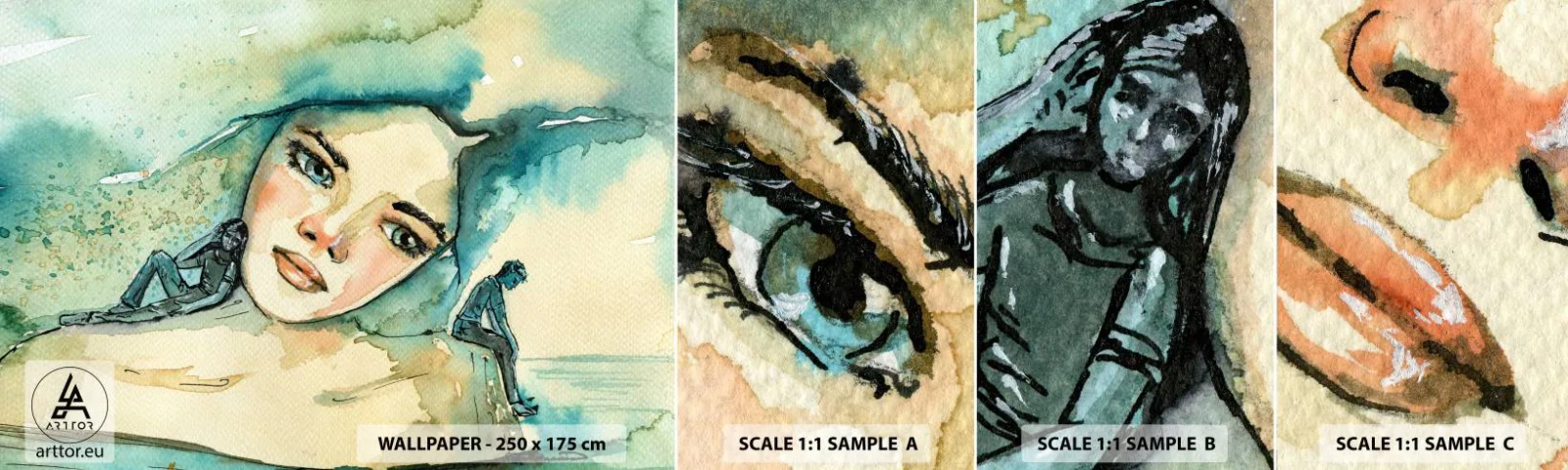 Échantillon de Papier Peint Autocollant Deluxe Sticker - Suis-je bleu? - Abstraction, Visage de femme, Peinture - 100x30 cm