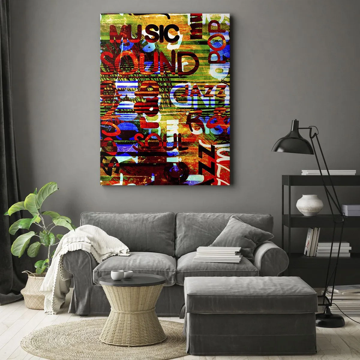 Impression sur toile - Image sur toile - Abstraction colorée avec des inscriptions musicales dans un style pop art - 50x70cm - Toutes les nuances du son - Décoration murale moderne pour le salon et la chambre ARTTOR