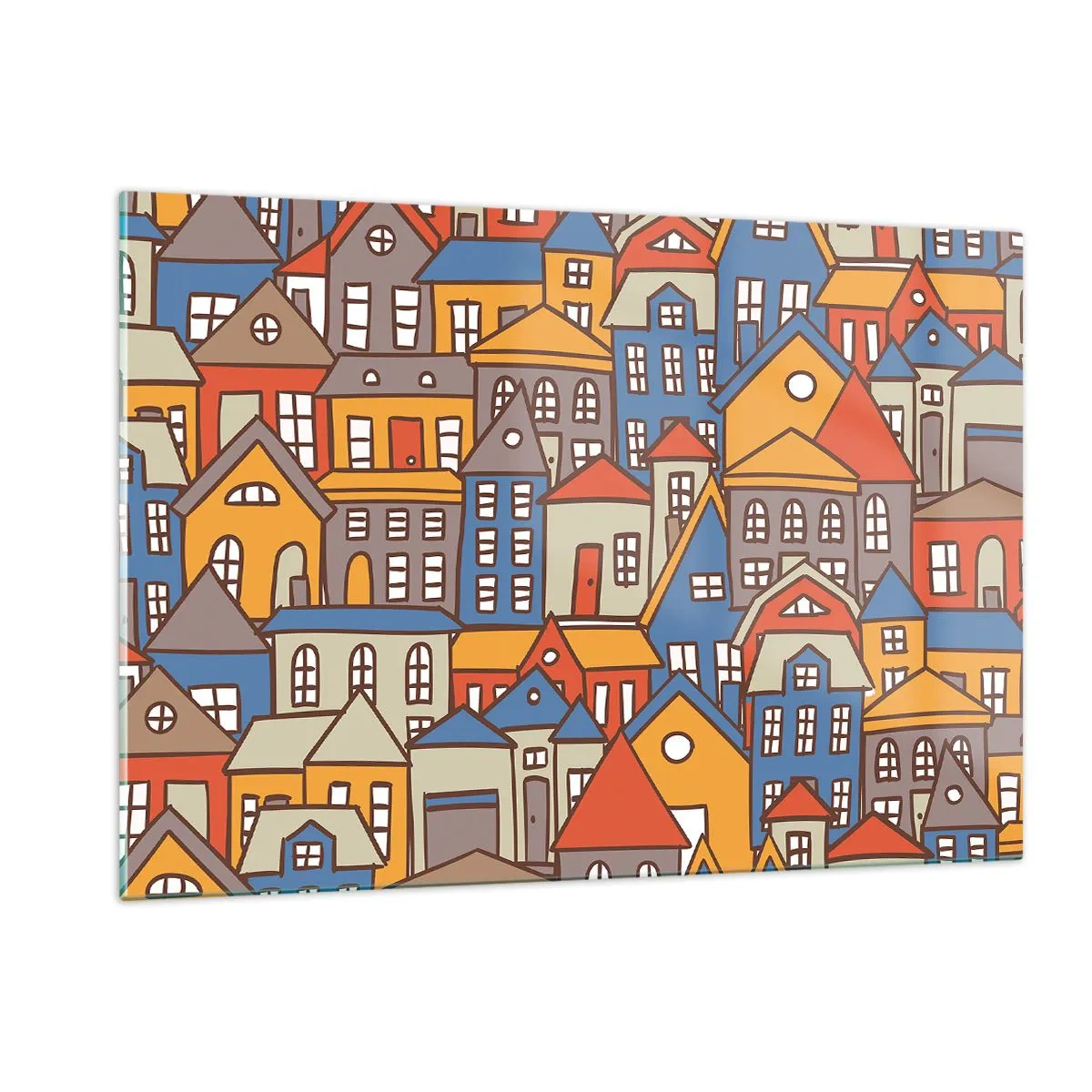 Impression sur verre - Image sur verre - Des maisons colorées dans un style graphique créent un paysage joyeux - 120x80cm - Derrière la maison, une maison - Décoration murale moderne pour le salon et la chambre ARTTOR