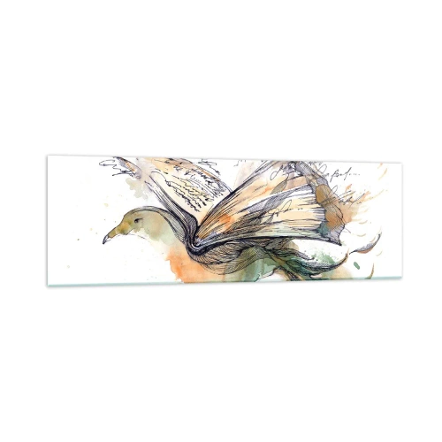 Impression sur verre - Image sur verre - Aquarelle artistique d'un oiseau avec un livre comme ailes - 160x50cm - Sur les ailes de la poésie - Décoration murale moderne pour le salon et la chambre ARTTOR