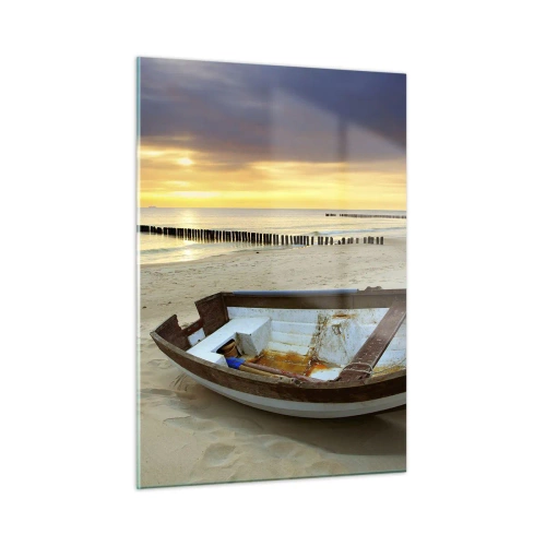 Impression sur verre - Image sur verre - Un bateau sur une plage de sable au lever du soleil - 50x70cm - Il n'y a pas de plus belles plages - Décoration murale moderne pour le salon et la chambre ARTTOR