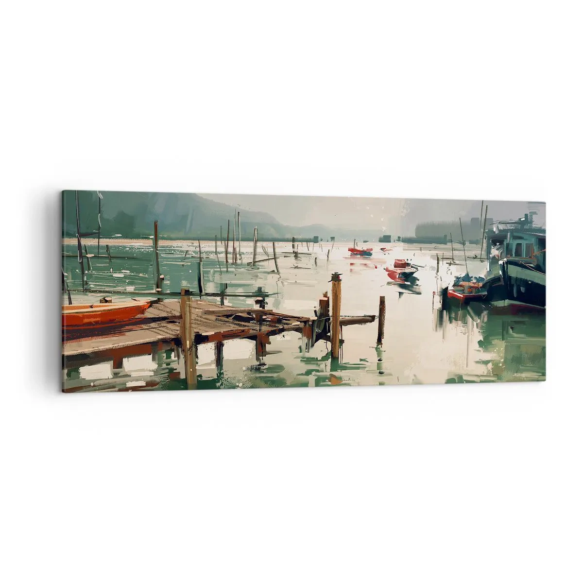 Impression sur toile - Image sur toile - Un port pittoresque avec des bateaux sur une eau calme - 140x50cm - Trempé dans une lune en fusion - Décoration murale moderne pour le salon et la chambre ARTTOR