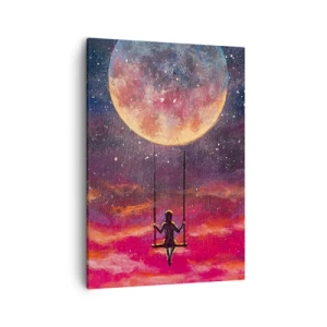 Impression sur toile - Image sur toile - Une silhouette sur une balançoire suspendue contre la lune - 50x70cm - Se balancer dans les nuages - Décoration murale moderne pour le salon et la chambre ARTTOR