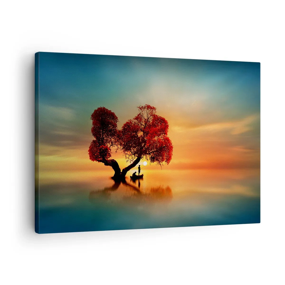 Impression sur toile - Image sur toile - Un arbre à feuilles rouges et un bateau sur l'eau au coucher du soleil - 70x50cm - Plénitude et éloignement sans monde - Décoration murale moderne pour le salon et la chambre ARTTOR
