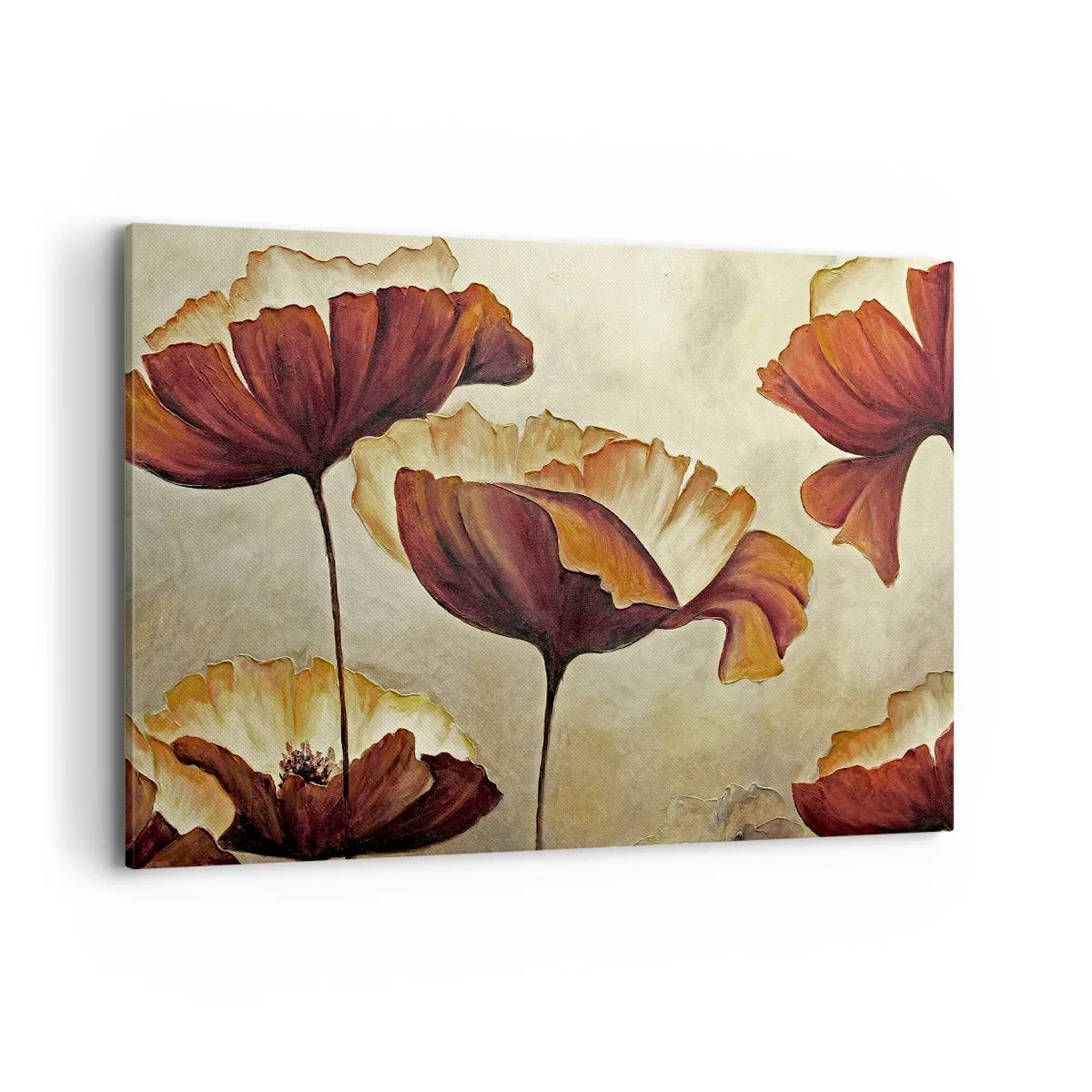 Impression sur toile - Image sur toile - Fleurs subtiles dans des tons de rouge et d'or sur un fond clair - 120x80cm - À la lisière des champs - Décoration murale moderne pour le salon et la chambre ARTTOR