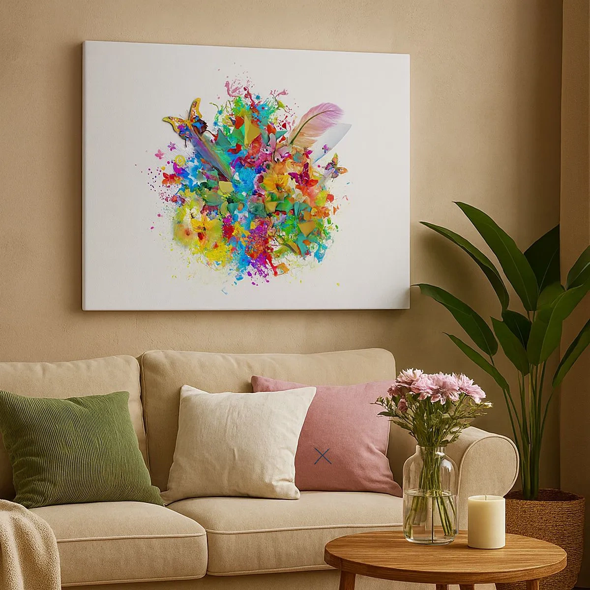 Impression sur toile - Image sur toile - Motif coloré avec des fleurs et des papillons - 70x50cm - Un bouquet de joie - Décoration murale moderne pour le salon et la chambre ARTTOR