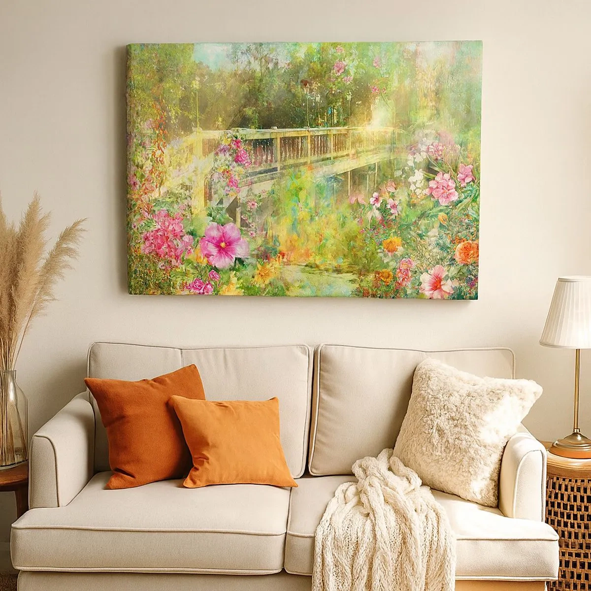 Impression sur toile - Image sur toile - Un pont entouré d'une végétation luxuriante et de fleurs - 70x50cm - Le soupire d'un pont de printemps - Décoration murale moderne pour le salon et la chambre ARTTOR