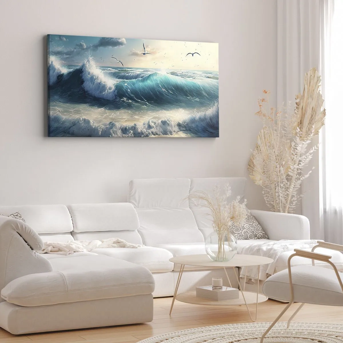 Impression sur toile - Image sur toile - Vagues de la mer sur la plage sous un ciel bleu avec des mouettes - 140x50cm - Ça bourdonne seulement pour toi - Décoration murale moderne pour le salon et la chambre ARTTOR