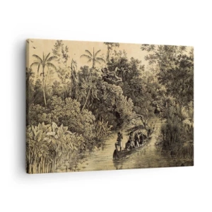 Impression sur toile - Image sur toile - Dessin d'une jungle avec un bateau sur une rivière - 70x50cm - Expédition à la source - Décoration murale moderne pour le salon et la chambre ARTTOR