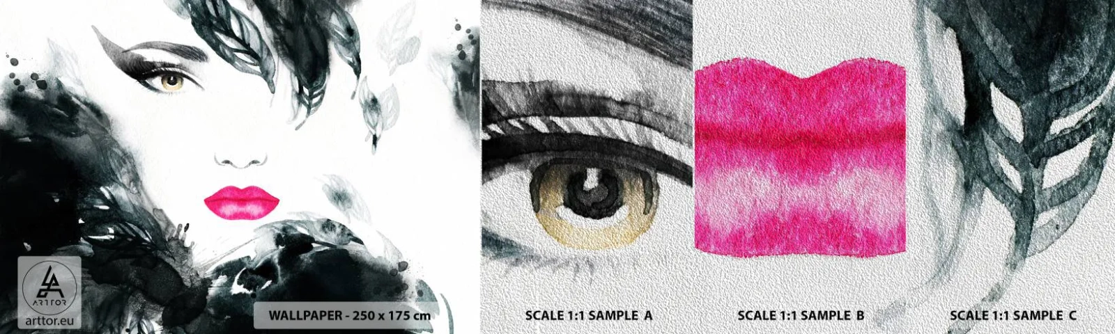 Échantillon de Papier Peint Premium Sand - Attention! Femme fatale - Abstraction, Visage de femme, Portrait d'une femme - 100x30 cm