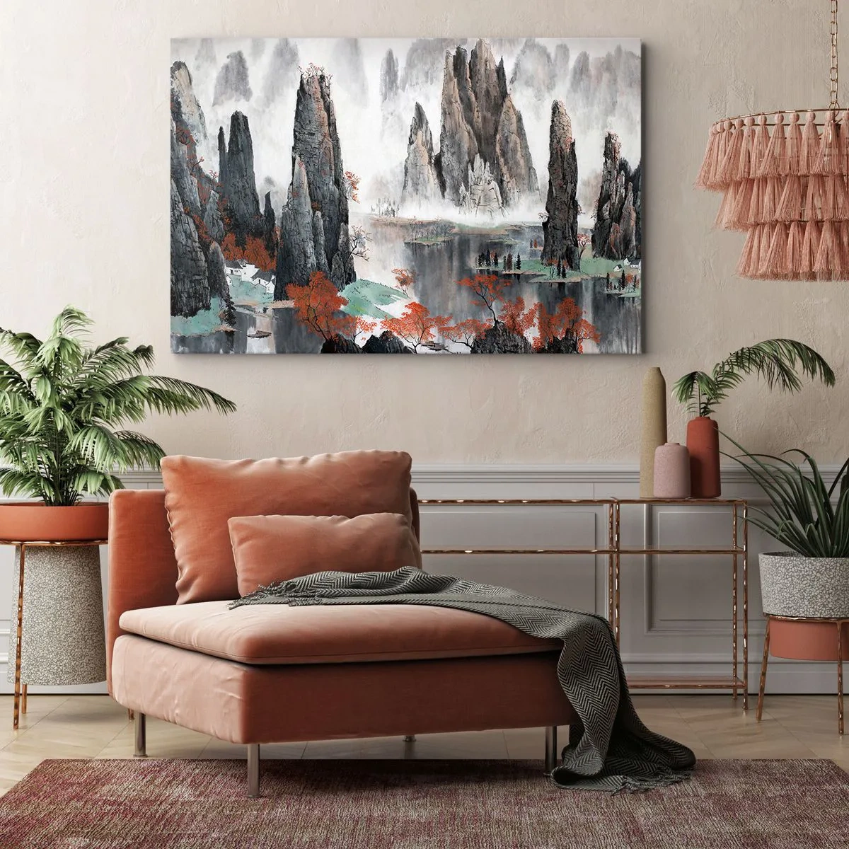 Impression sur toile - Image sur toile - Rochers et arbres pittoresques dans le paysage brumeux de la Chine - 120x80cm - De puissants gardiens - Décoration murale moderne pour le salon et la chambre ARTTOR