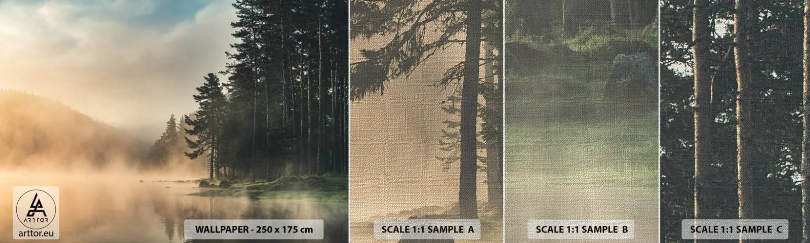 Échantillon de Papier Peint Premium Canvas - Naissance du jour - Paysage, Lac, Forêt - 100x30 cm