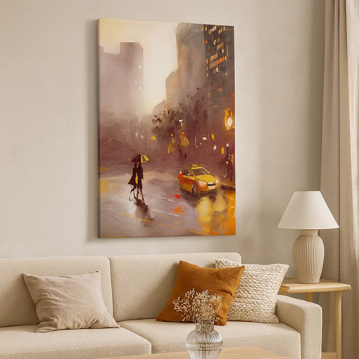 Impression sur toile - Image sur toile - Une scène urbaine la nuit à la lumière des lampadaires et des reflets sur une rue mouillée. - 50x70cm - Dans les lumières de New-York - Décoration murale moderne pour le salon et la chambre ARTTOR