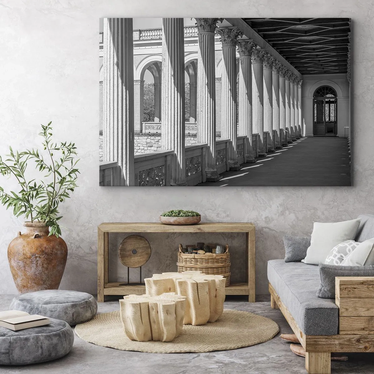 Impression sur toile - Image sur toile - Colonnade de style classique en noir et blanc - 70x50cm - Arcade ensoleillée - Décoration murale moderne pour le salon et la chambre ARTTOR