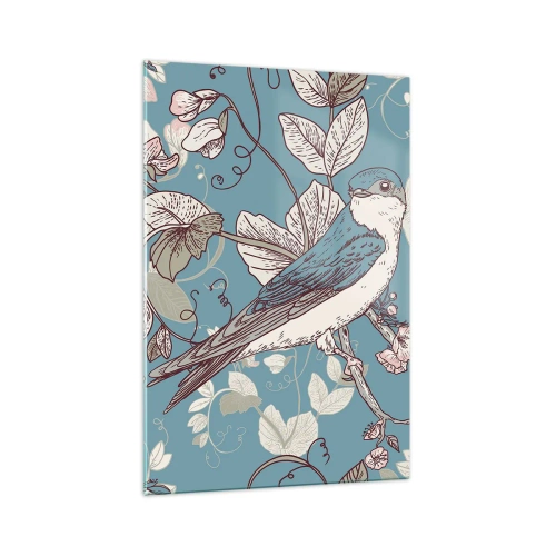 Impression sur verre - Image sur verre - Un oiseau sur une branche dans un style floral délicat - 70x100cm - Dans le bois blanc du rouge et de l'argent - Décoration murale moderne pour le salon et la chambre ARTTOR
