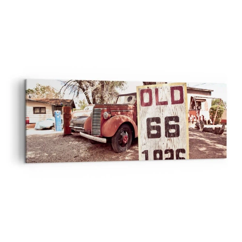 Impression sur toile - Image sur toile - Voiture rétro et panneau Route 66 dans un cadre rustique - 140x50cm - La légende de la province américaine - Décoration murale moderne pour le salon et la chambre ARTTOR