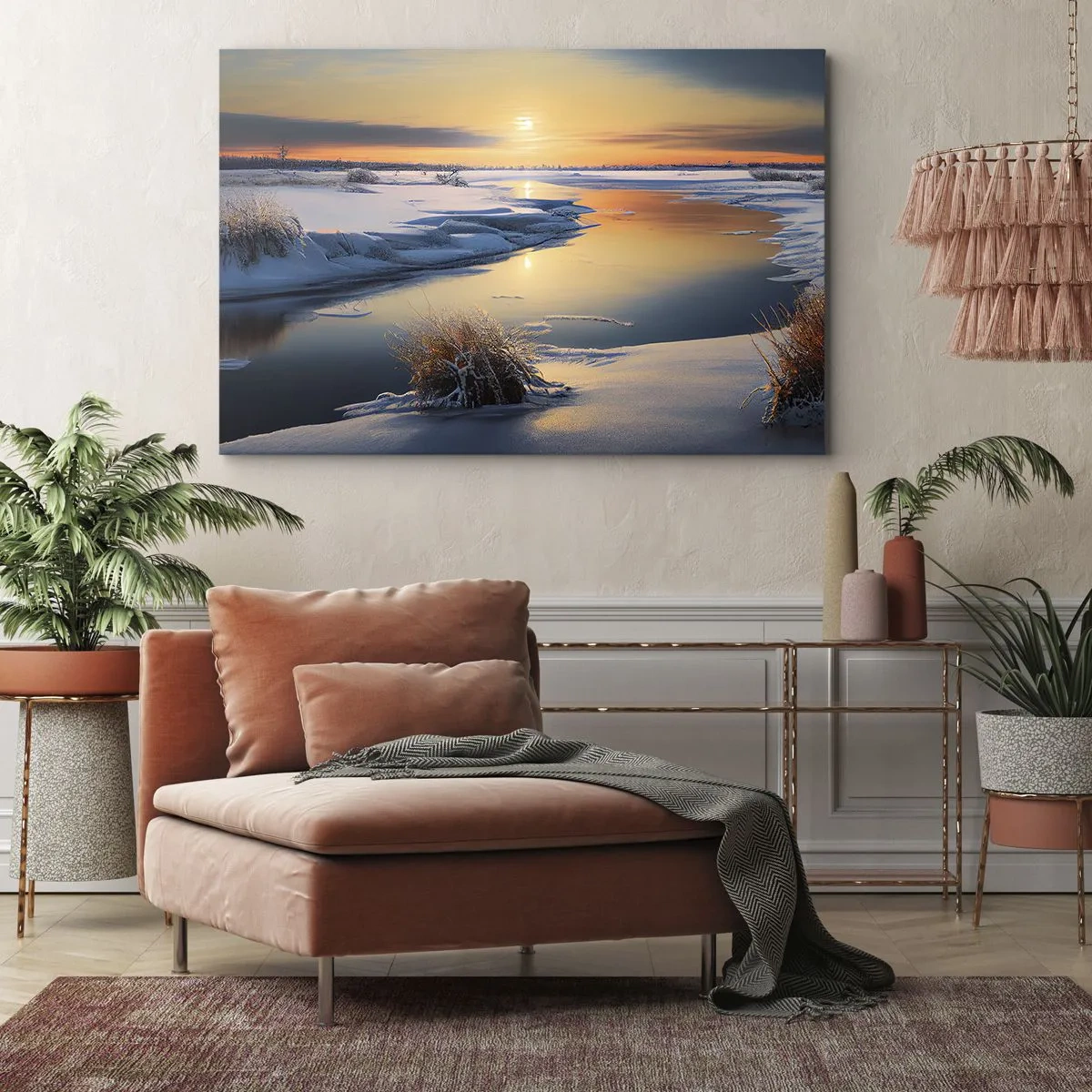 Impression sur toile - Image sur toile - Paysage d'hiver avec une rivière au coucher du soleil - 70x50cm - Coucher de soleil d'hiver - Décoration murale moderne pour le salon et la chambre ARTTOR