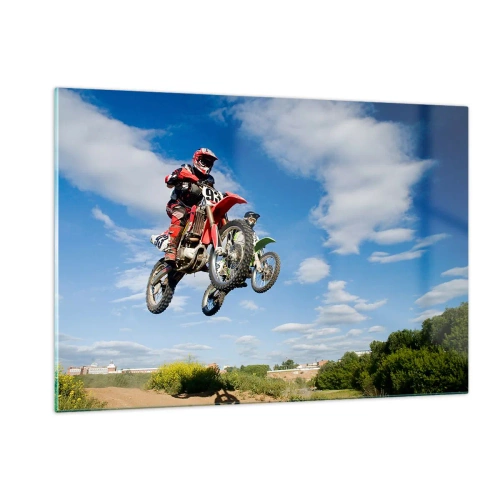 Impression sur verre - Image sur verre - Un pilote de moto en vol contre un ciel bleu - 120x80cm - Saut en parachute - Décoration murale moderne pour le salon et la chambre ARTTOR