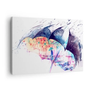 Impression sur toile - Image sur toile - Une ville colorée cachée sous des parapluies abstraits - 70x50cm - Se promener sous la pluie - Décoration murale moderne pour le salon et la chambre ARTTOR