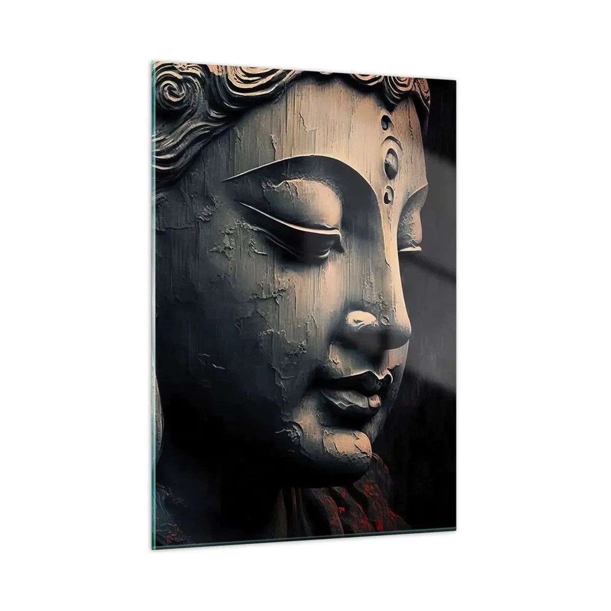 Impression sur verre - Image sur verre - Profil d'une figure méditante avec une fleur rouge sur un fond sombre. - 50x70cm - En harmonie avec le monde - Décoration murale moderne pour le salon et la chambre ARTTOR