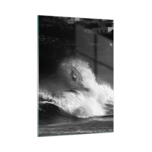 Impression sur verre - Image sur verre - Un surfeur sur une vague capturé dans une photographie en noir et blanc - 50x70cm - Défi accepté! - Décoration murale moderne pour le salon et la chambre ARTTOR