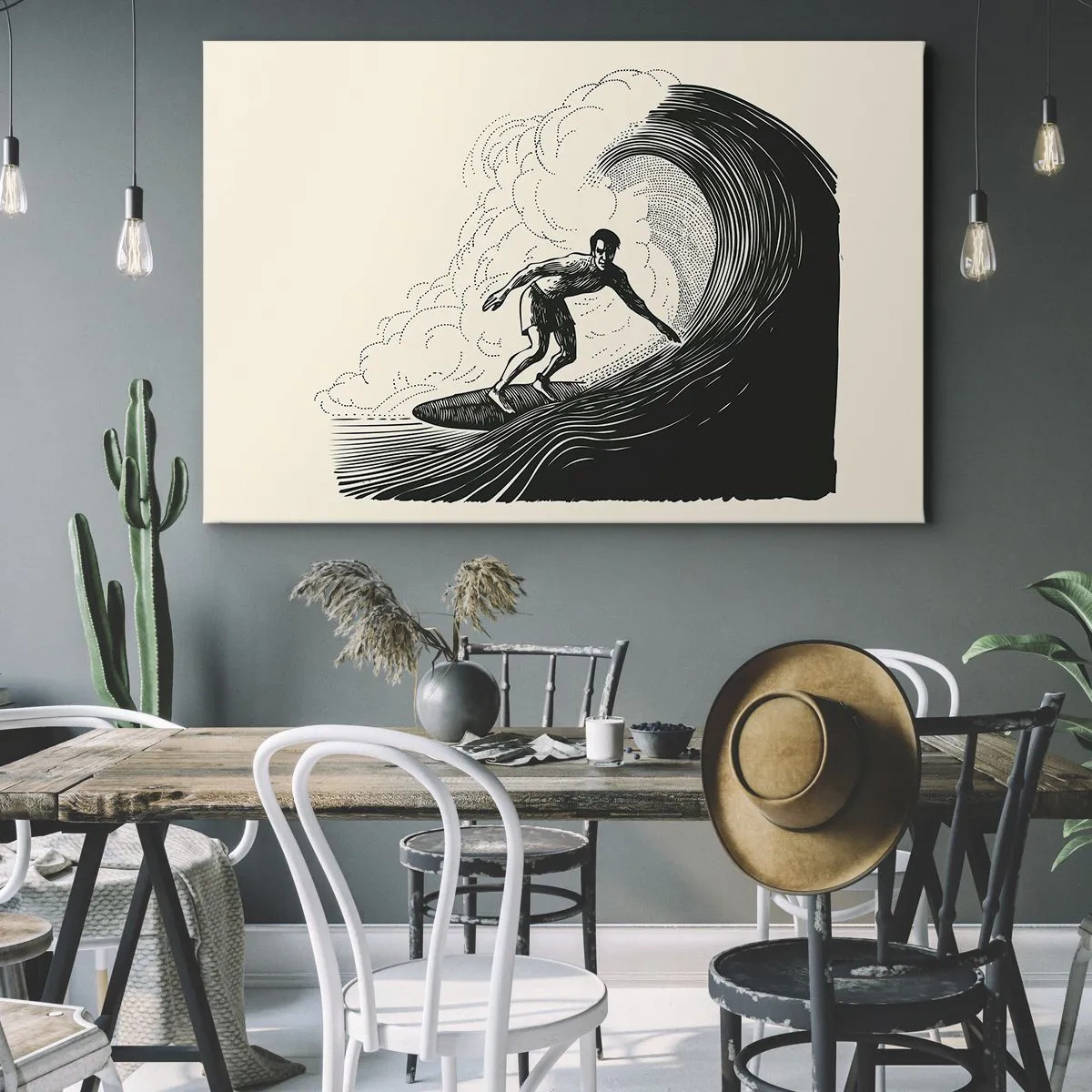 Impression sur toile - Image sur toile - Graphique en noir et blanc d'un surfeur sur une vague - 120x80cm - Le roi de la vague - Décoration murale moderne pour le salon et la chambre ARTTOR
