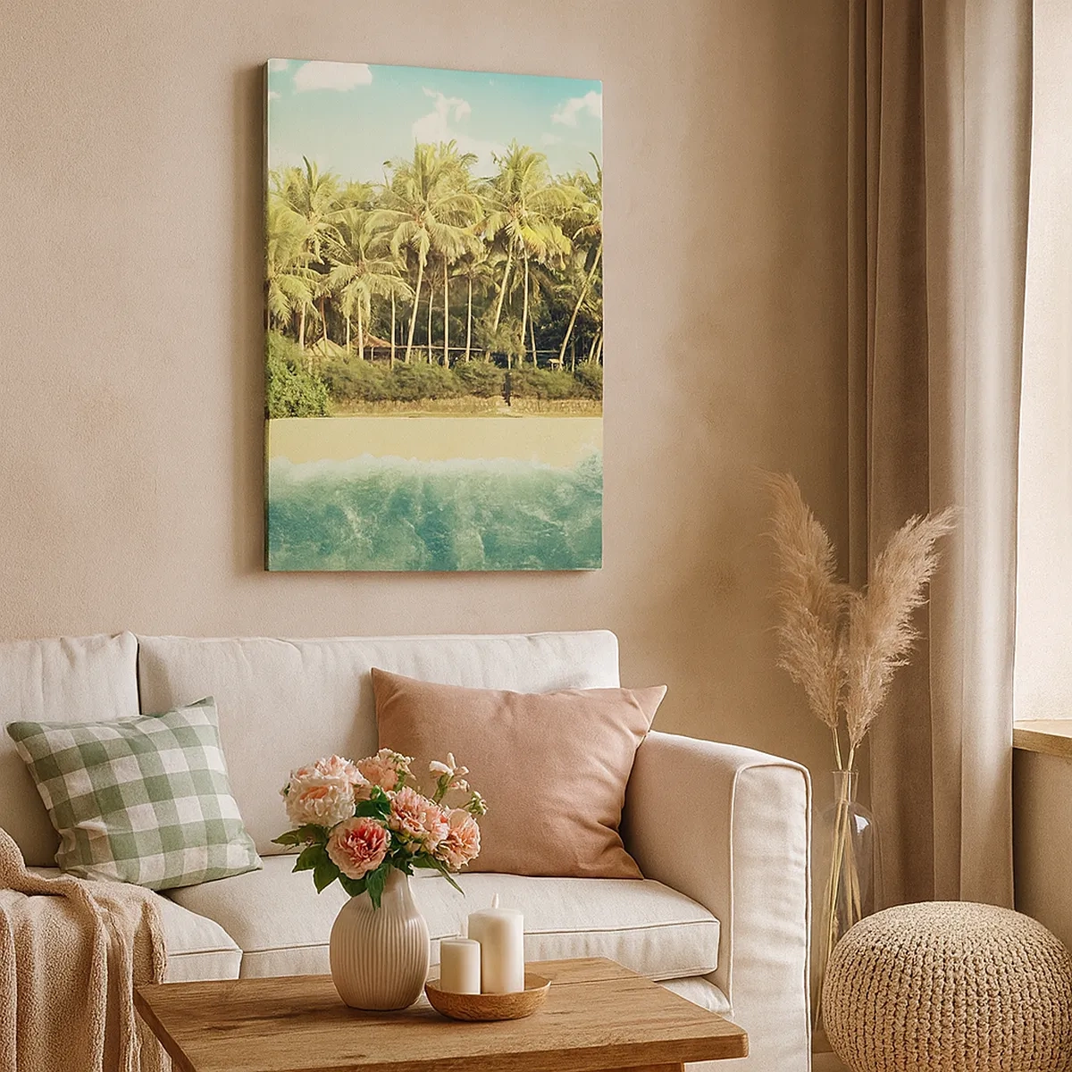 Impression sur toile - Image sur toile - Plage tropicale avec palmiers et mer turquoise - 50x70cm - Peut-être ici? - Décoration murale moderne pour le salon et la chambre ARTTOR
