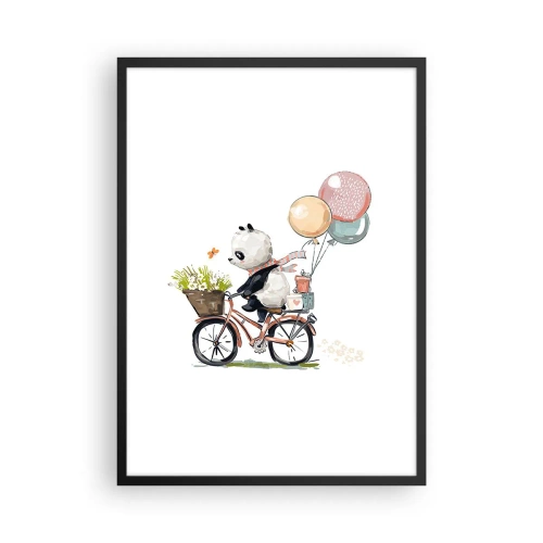 Affiche dans un cadre noir - Poster - Panda sur un vélo avec des ballons et des fleurs dans un style de conte de fées - 50x70cm - Jour de chance - Décoration murale moderne pour le salon et la chambre ARTTOR