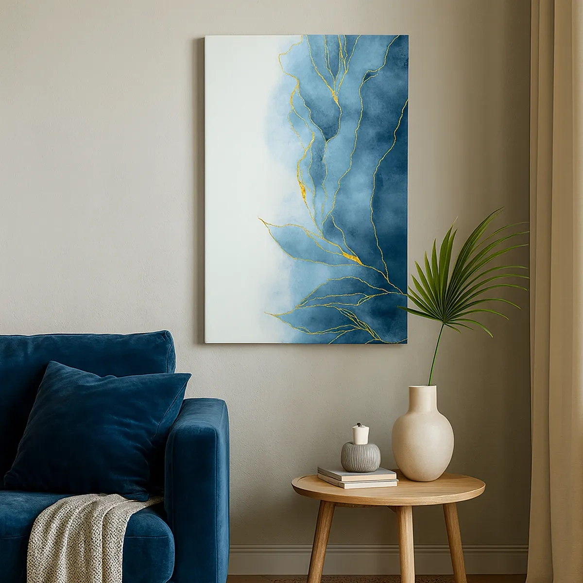 Impression sur toile - Image sur toile - Vagues abstraites dans des tons de bleu avec des accents dorés - 50x70cm - Bleu doré - Décoration murale moderne pour le salon et la chambre ARTTOR