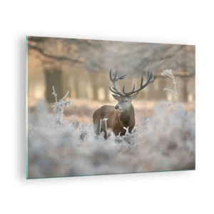 Impression sur verre - Image sur verre - Un cerf dans une clairière gelée entourée d'une forêt hivernale - 70x50cm - Une matinée animée - Décoration murale moderne pour le salon et la chambre ARTTOR