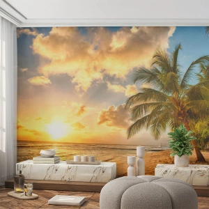 Papier Peint Photo Premium Sand - Plage tropicale avec palmiers au coucher du soleil - 100x70cm - Été éternel, toujours des vacances - Décoration murale moderne pour le salon et la chambre ARTTOR