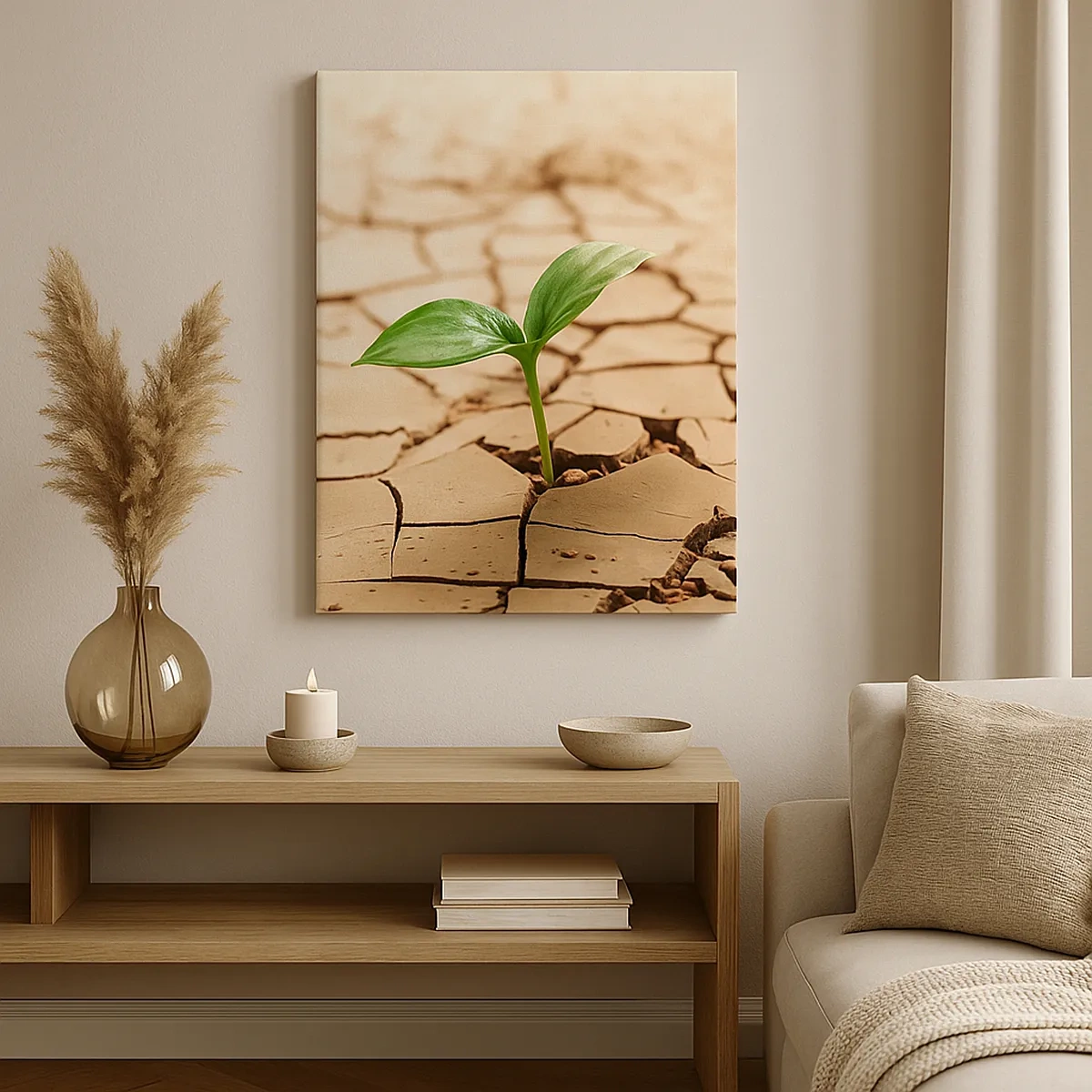 Impression sur toile - Image sur toile - Une plante verte poussant sur une terre sèche et craquelée - 50x70cm - La force indomptable de la vie - Décoration murale moderne pour le salon et la chambre ARTTOR