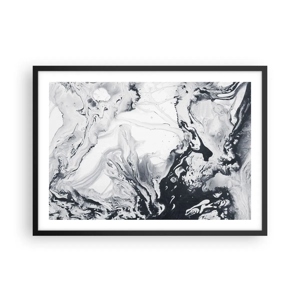 Affiche dans un cadre noir - Poster - Motif abstrait monochrome avec effet marbré - 70x50cm - Au centre de la Terre - Décoration murale moderne pour le salon et la chambre ARTTOR