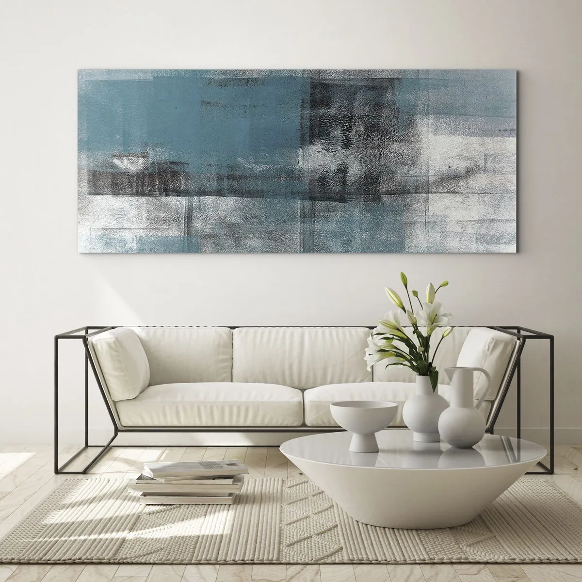 Impression sur verre - Image sur verre - Une composition abstraite dans des tons de bleu avec texture et couches. - 140x50cm - Eau et air - Décoration murale moderne pour le salon et la chambre ARTTOR