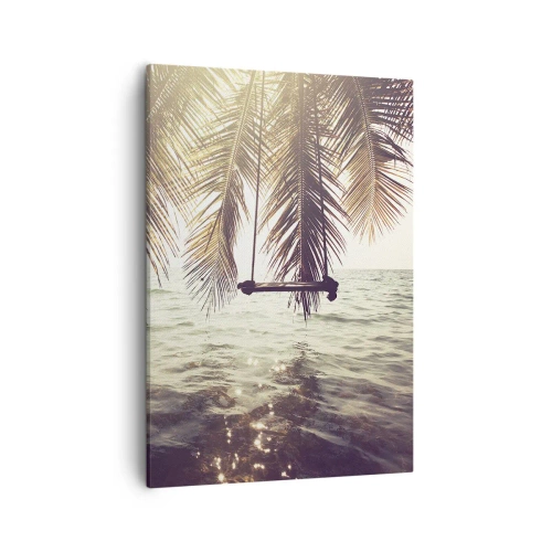 Impression sur toile - Image sur toile - Palmier avec une balançoire au-dessus de l'eau au soleil - 50x70cm - Vous pouvez vous balancer dans les nuages
