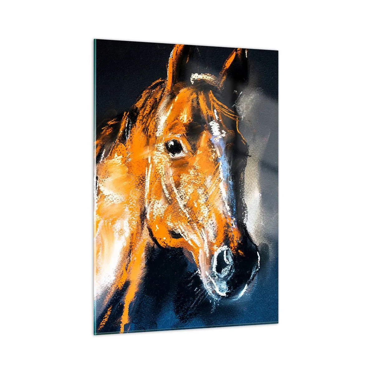 Impression sur verre - Image sur verre - Portrait d'un cheval aux nuances intenses de brun sur fond sombre - 50x70cm - Et alors, tu y vas ? - Décoration murale moderne pour le salon et la chambre ARTTOR