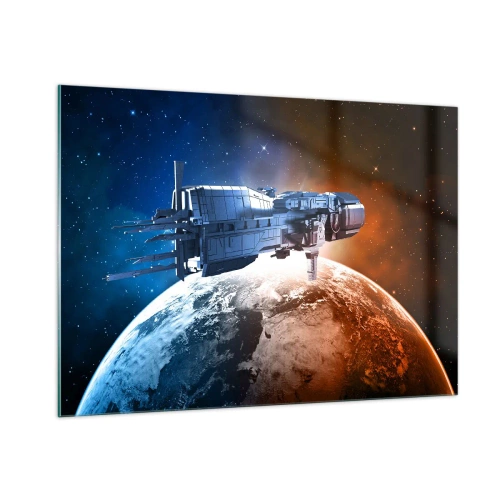 Impression sur verre - Image sur verre - Un vaisseau spatial en orbite autour d'une planète à la lumière des étoiles - 100x70cm - Un observateur attentif - Décoration murale moderne pour le salon et la chambre ARTTOR