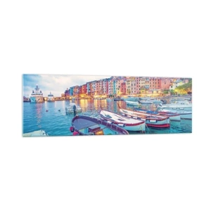 Impression sur verre - Image sur verre - Une ville portuaire colorée avec des bateaux dans le port - 160x50cm - Soirée colorée au port - Décoration murale moderne pour le salon et la chambre ARTTOR