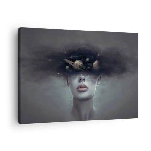 Impression sur toile - Image sur toile - Un visage de femme avec un motif de planète et d'espace en arrière-plan - 70x50cm - Et les planètes deviennent folles... - Décoration murale moderne pour le salon et la chambre ARTTOR