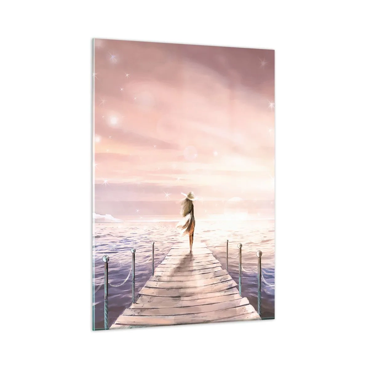 Impression sur verre - Image sur verre - Femme sur la jetée au coucher du soleil - 50x70cm - A la lumière d'un rêve - Décoration murale moderne pour le salon et la chambre ARTTOR