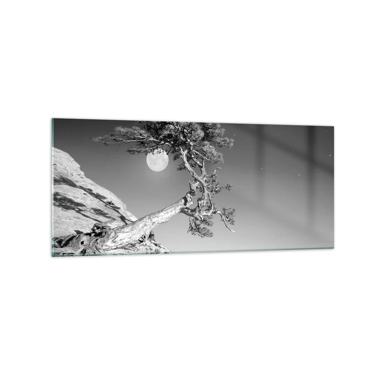 Impression sur verre - Image sur verre - Arbre noir et blanc sur une falaise avec la lune en arrière-plan - 120x50cm - Un combattant vainqueur - Décoration murale moderne pour le salon et la chambre ARTTOR