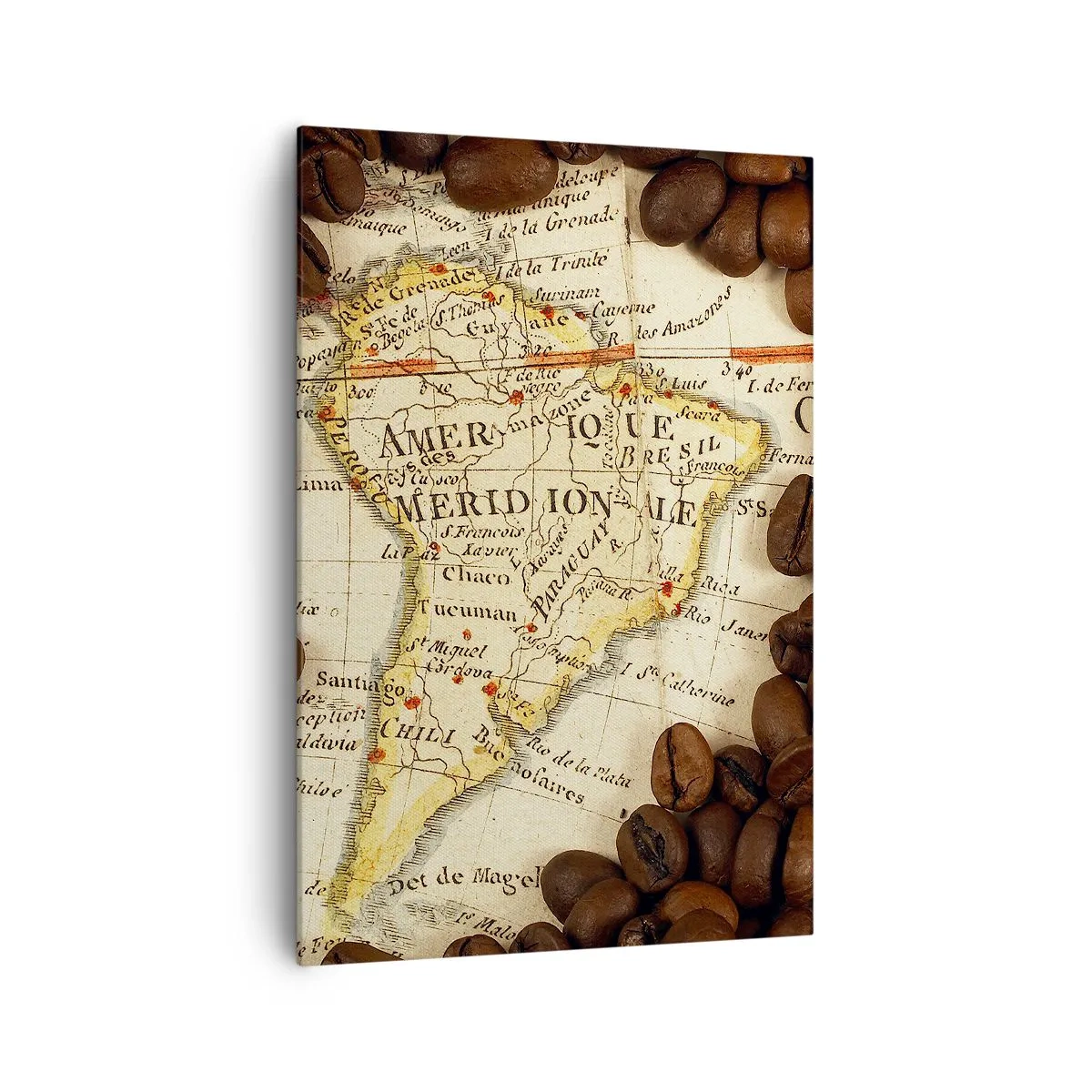 Impression sur toile - Image sur toile - Une carte de l'Amérique du Sud entourée de grains de café. - 70x100cm - D'où vient le meilleur café ? - Décoration murale moderne pour le salon et la chambre ARTTOR