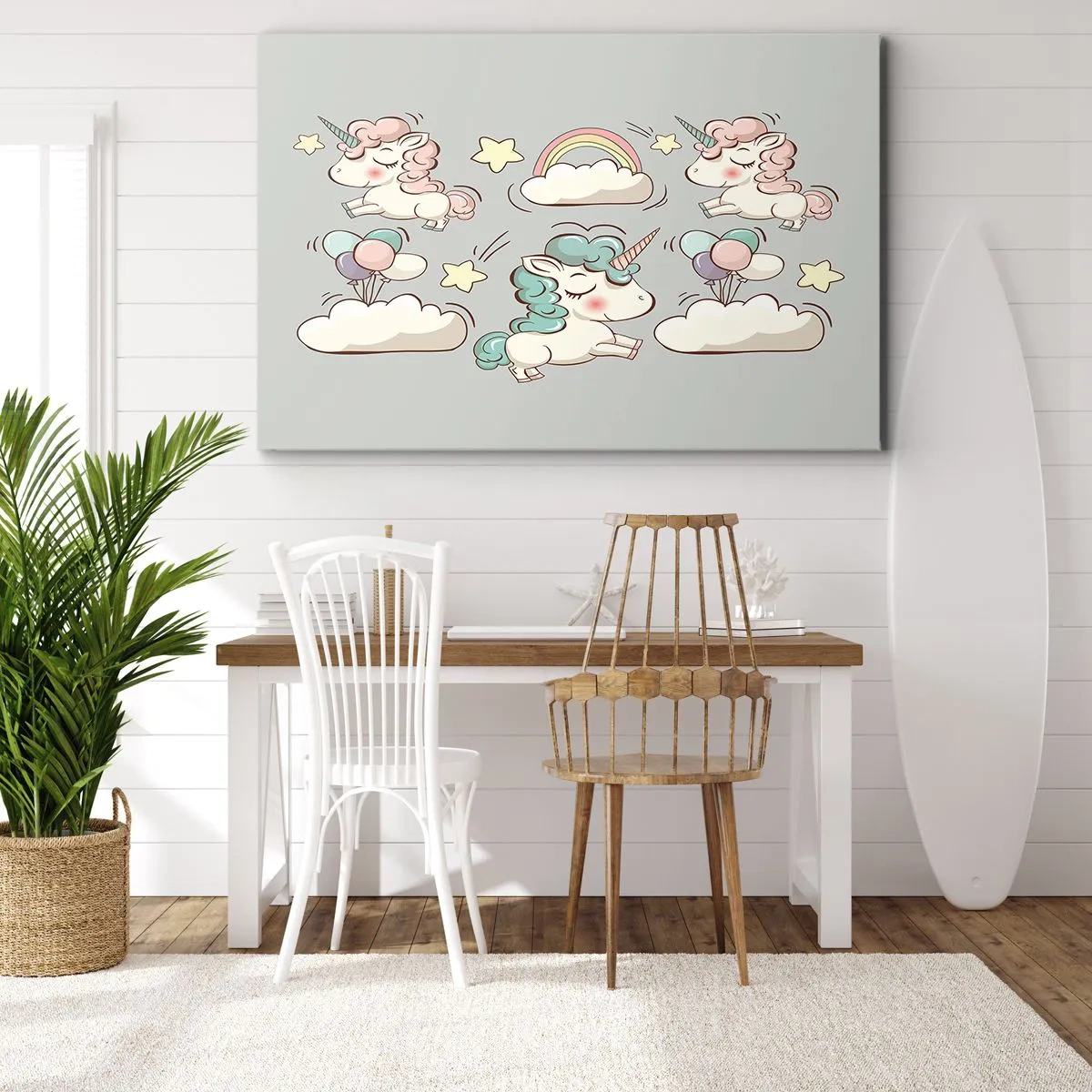 Impression sur toile - Image sur toile - Licornes mignonnes sur fond pastel - 100x70cm - Ils existe, c'est sûr… - Décoration murale moderne pour le salon et la chambre ARTTOR