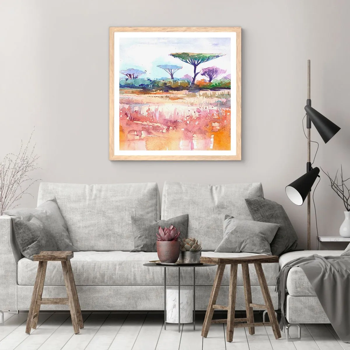 Affiche dans un chêne clair - Poster - Couleurs de savane - 60x60 cm