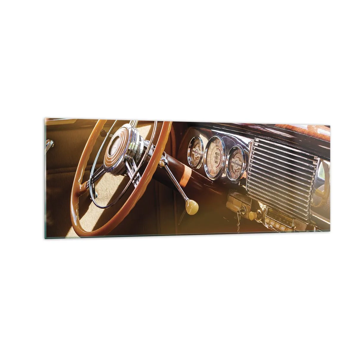 Impression sur verre - Image sur verre - Gros plan de l'intérieur d'une voiture classique avec des détails en bois et en chrome. - 140x50cm - Souffle de luxe venu du passé - Décoration murale moderne pour le salon et la chambre ARTTOR