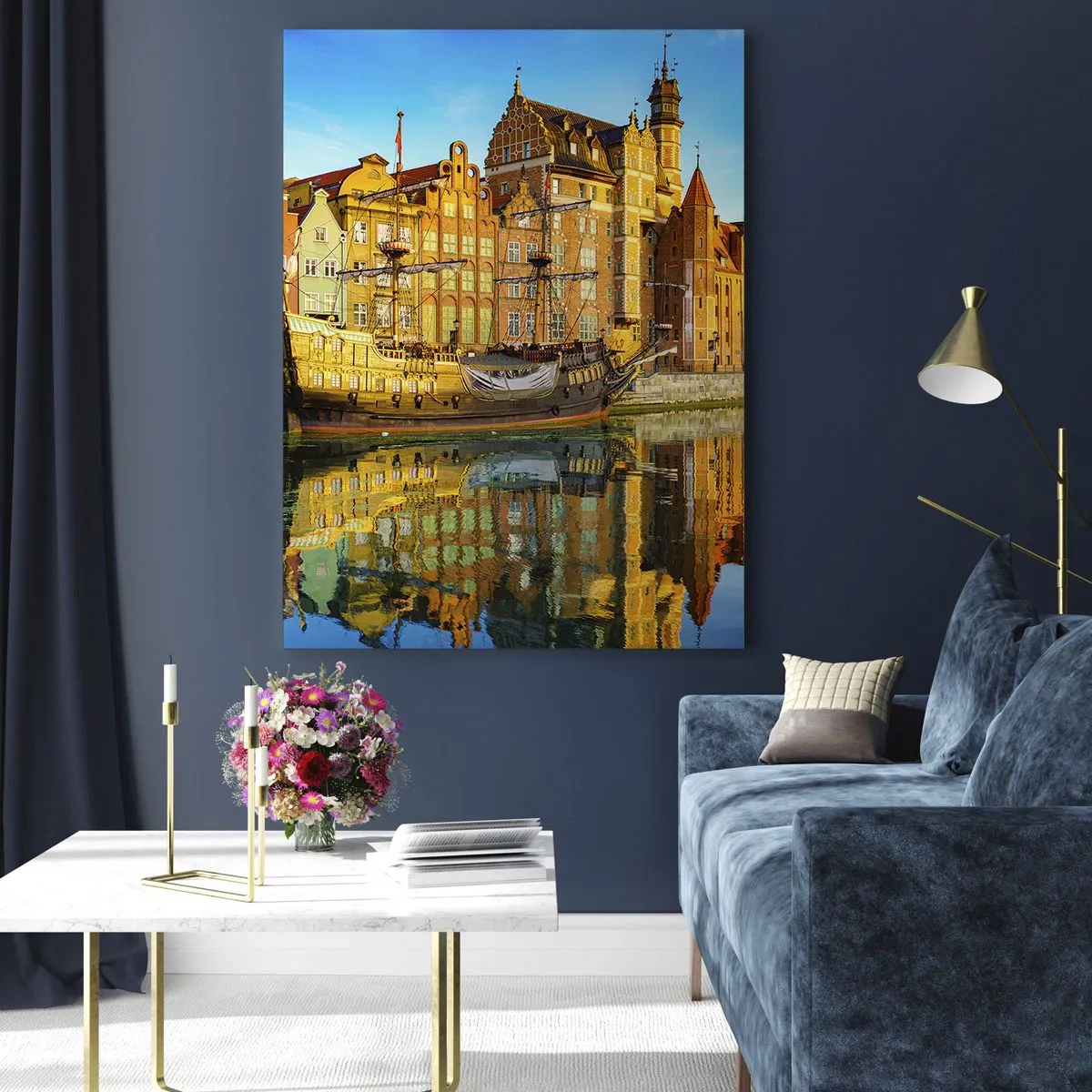Impression sur verre - Image sur verre - La vieille ville de Gdańsk avec un reflet dans l'eau - 50x70cm - Reflet dans le miroir du passé - Décoration murale moderne pour le salon et la chambre ARTTOR