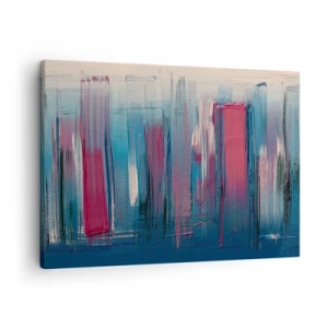 Impression sur toile - Image sur toile - Formes verticales abstraites dans des tons de bleu et de rouge - 70x50cm - Composition verticale en bleu et rouge - Décoration murale moderne pour le salon et la chambre ARTTOR