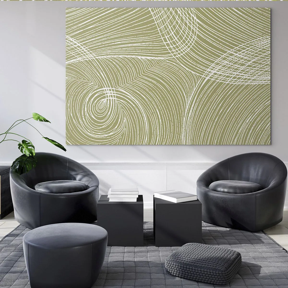 Impression sur verre - Image sur verre - Les lignes blanches forment une structure complexe sur un fond vert olive. - 70x50cm - Abstraction complexe de blanc - Décoration murale moderne pour le salon et la chambre ARTTOR