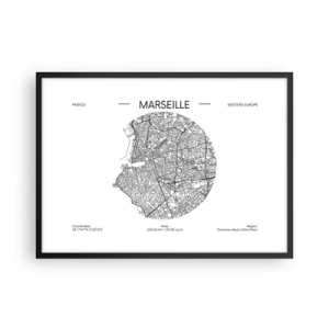 Affiche dans un cadre noir - Poster - Carte de Marseille dans un style minimaliste - 70x50cm - Anatomie de Marseille - Décoration murale moderne pour le salon et la chambre ARTTOR