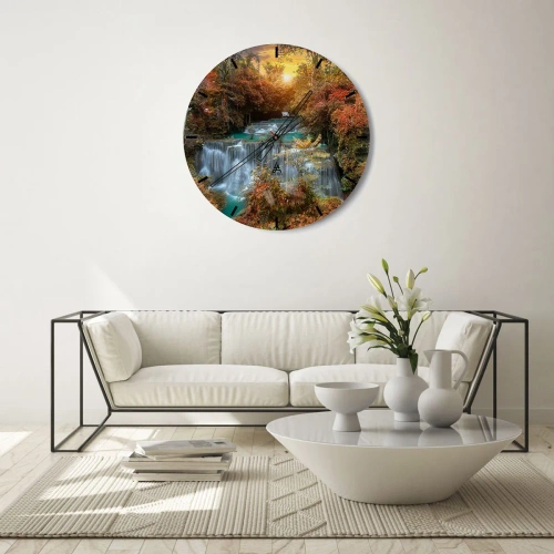 Horloge murale - Pendule murale - Paysage d'automne avec une cascade à la lumière du soleil couchant - 30x30cm - Trésor caché de la forêt - Décoration murale moderne pour le salon, la cuisine et la chambre ARTTOR